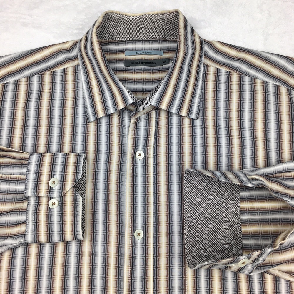 Johnston & Murphy Shirt Mens XL Tan Print‎ Tailored Fit Long Sleeves
